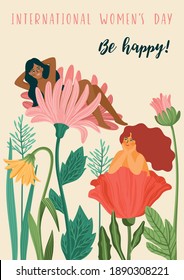 International Women s Day. Vector template with women and flowers for card, poster, flyer and other users