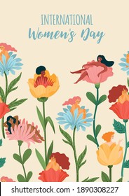 International Women s Day. Vector template with women and flowers for card, poster, flyer and other users