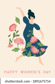 International Women s Day. Vector template with dancing woman and flowers for card, poster, flyer and other users