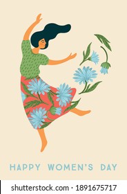 International Women s Day. Vector template with dancing woman and flowers for card, poster, flyer and other users