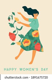 International Women s Day. Vector template with dancing woman and flowers for card, poster, flyer and other users