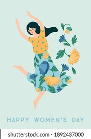 International Women s Day. Vector template with dancing woman and flowers for card, poster, flyer and other users