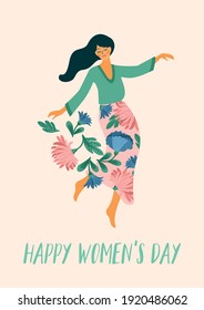 International Women s Day. Vector template with dancing woman and flowers for card, poster, flyer and other users