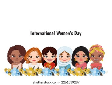 International Women s Day. Vector illustration of diverse women in flower cartoon character