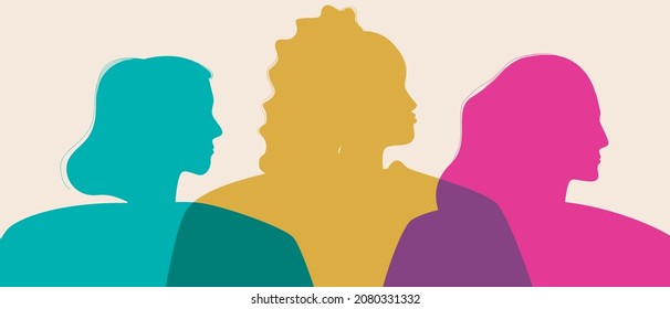 International women. Silhouette vector stock illustration. Feminism concept, 8 March. Different ethnic group, International Women's Day. Feminists together. Silhouette illustration