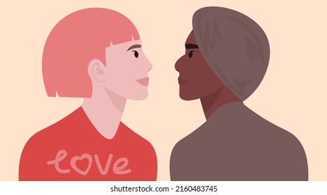 International women's couple. Lesbian lovers. LGBT+. Close friends. Portrait of girls on a neutral background. Vector flat illustration