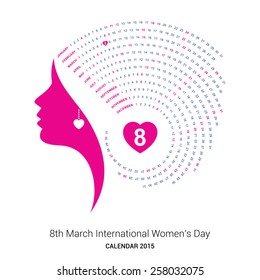International Women's day 2015 calendar template illustration | beautiful pink female face on side and 8th march women day date highlighted in heart