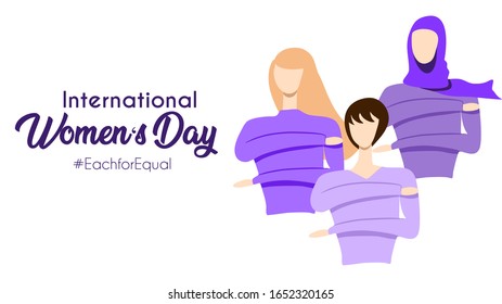 International women's day 2020 theme : each for equal. Women of different ethnics do the sign of the campaign. Purple or violet theme. Vector illustration. flat design