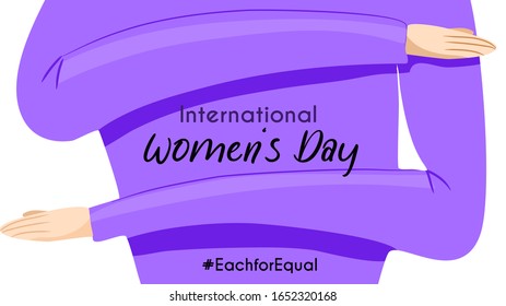 International Women's Day 2020 Theme : Each For Equal. Women Do The Sign Of The Campaign. Purple Or Violet Theme. Vector Illustration. Flat Design