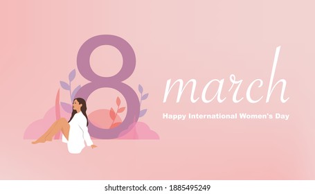 International women's day 2021. 8 march background. The girl sitting near the number eight. Vector illustration. 