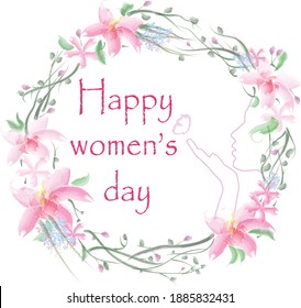 International women's day 2021. Greeting card. Calligraphic hand written phrase and hand drawn flowers. Flowers wreath.