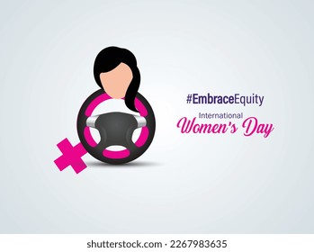 International Women's Day 2023, campaign theme: #EmbraceEquity. Women's Day vector illustration. Car or automobile concept women's day  design.