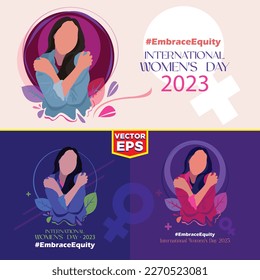 Día Internacional de la Mujer 2023, tema de la campaña: #EmbraceEquity (Abrazar la equidad). Ilustración vectorial plana del Día de la Mujer. Dar a la equidad un abrazo enorme. Fondo de diseño floral colorido.