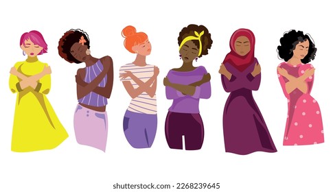 International Women's Day 2023,Embrace Equity concept.Group of women of different nationality and skin color hugging their shoulders.Diverse women hugging herself vector illustration