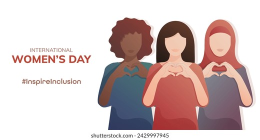 International Women's Day 2024 banner. Inspire inclusion. Different women show gesture in harts shape.