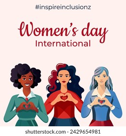 Día Internacional de la Mujer 2024. Inspirar inclusión. Diseño cuadrado con mujeres jóvenes de diferentes nacionalidades y razas mostrando signo del corazón con las manos. Diseño vectorial para póster, banner, redes sociales