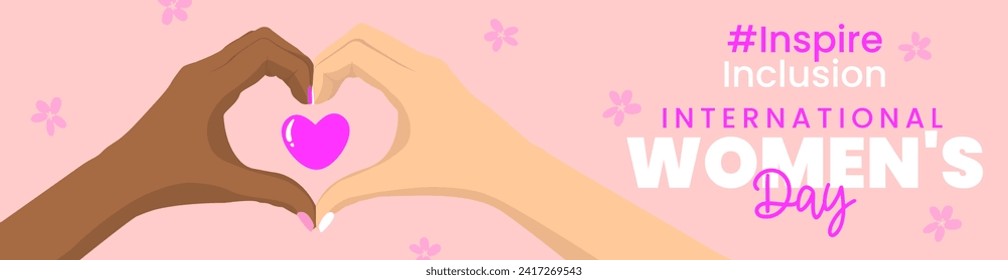 International Women's Day 2024 InspireInclusion banner template with heart hands sign and flowers on a pink background. 8 march, women's history month concept. Vector design for header of website.