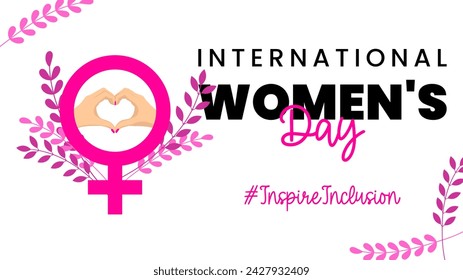 International Women's Day 2024 InspireInclusion background with female sign of Venus, heart hands sign, plants and typography. 8 march, womens history month concept. Vector design for banner, poster