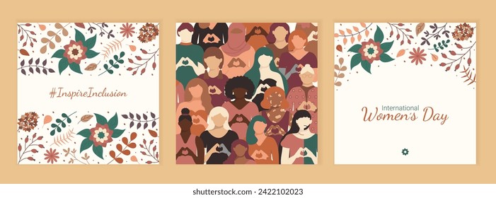 International Women's day 2024 square posters. Social media InspireInclusion post. Postcards with leaves, flowers and text. Greeting card Inspire Inclusion. Diverse women heart shaped hands stand.