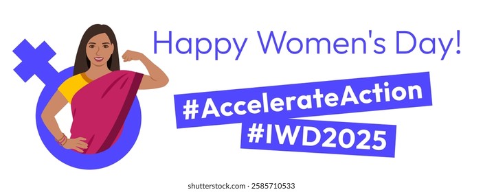 International Women's Day 2025 Accelerate Action campaign pose. Indian woman in traditional attire shows strong arm in solidarity and support for women's rights, gender equality. Horizontal banner