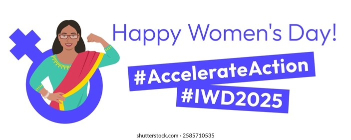 International Women's Day 2025 Accelerate Action campaign pose. Indian woman in traditional attire shows strong arm in solidarity and support for women's rights, gender equality. Horizontal banner