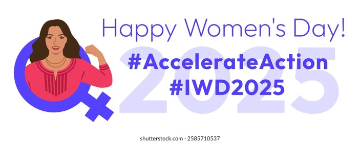 International Women's Day 2025 Accelerate Action campaign pose. Horizontal theme banner. Beautiful Indian woman shows strong arm in solidarity and support for women's rights and gender equality