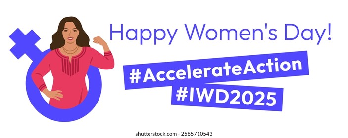 International Women's Day 2025 Accelerate Action campaign pose. Horizontal theme banner. Beautiful Indian woman shows strong arm in solidarity and support for women's rights and gender equality