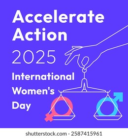 International Women's Day 2025 Accelerate Action campaign. Outlined hand holds balanced scale with male and female gender symbols. Gender equality concept. Idea of parity, justice and empowerment