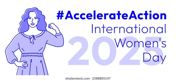 International Women's Day 2025: Accelerate Action campaign. A stylized outlined woman in a strong pose shows a strength gesture with her arm, symbolizing solidarity, women's rights and gender equality