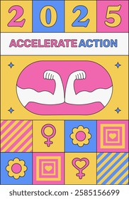 International Women's Day 2025 #AccelerateAction campaign.A geometric abstract poster in the Neo-Brutalism style.Celebrating IWD on March 8 and Women's History Month, promoting feminism and diversity.