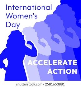 International Women's Day 2025 banner. Accelerate Action campaign pose. Woman in silhouette demonstrates strength gesture with arm to show solidarity and support for women's rights and gender equality