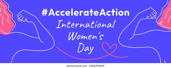 International Women's Day 2025 banner. Accelerate Action campaign pose. Outline women doing strength gesture with arm to show solidarity and support for women's rights and gender equality.