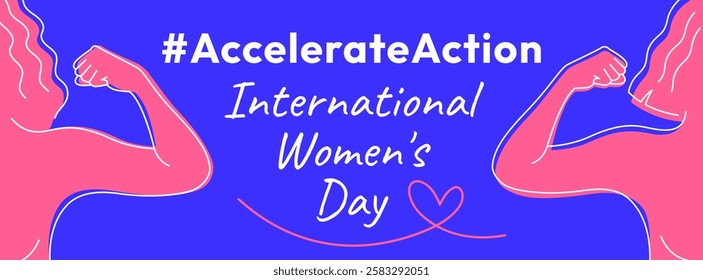 International Women's Day 2025 banner. Accelerate Action campaign pose. Outline women doing strength gesture with arm to show solidarity and support for women's rights and gender equality.