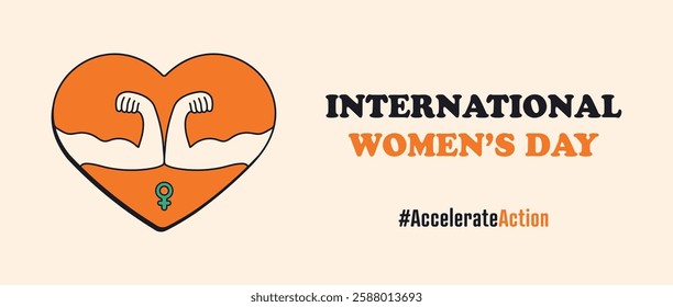 International Women's Day 2025 campaign #AccelerateAction, IWD, 8 March, Women's History Month. Accelerate Action feminism holiday - vector poster in the Neo brutalism style. Flexed women's arms.