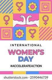 International Women's Day 2025 campaign #AccelerateAction. Geometric abstract vertical banner, poster in the Neo brutalism style.IWD 8 March Women's History Month. Accelerate Action feminism holiday. 