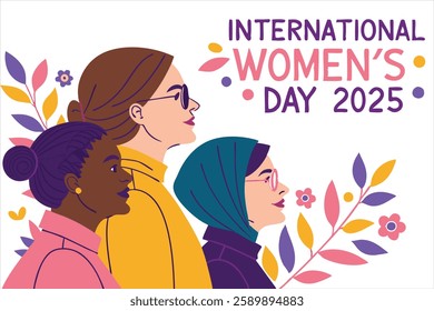 International Women's Day 2025 celebration illustration with diverse women, empowerment, equality, feminism, and unity concept art