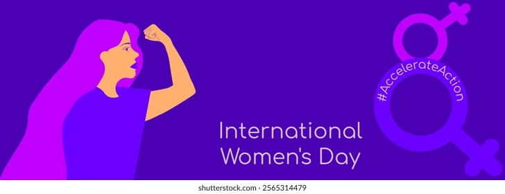 International women's day 2025 concept campaign theme - #AccelerateAction. Woman pose to show solidarity. Vector illustration