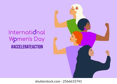 International women's day 2025 concept campaign theme - #AccelerateAction. Woman pose to show solidarity. Vector illustration