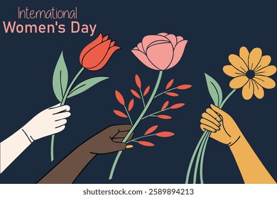 International Women's Day 2025 with diverse hands holding colorful flowers, symbolizing unity, empowerment, and equality