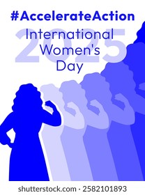 International Women's Day 2025 poster. Accelerate Action campaign pose. Woman in silhouette demonstrates strength gesture with arm to show solidarity and support for women's rights and gender equality