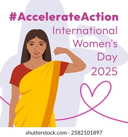 International Women's Day 2025 theme banner. Accelerate Action campaign pose. Indian woman in sari demonstrates a strong arm to show solidarity and support for women's rights and gender equality.