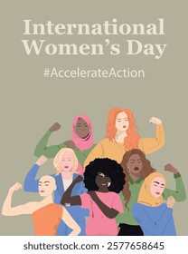 International womens day 2025 vertical banner. Women's diverse faces of different ethnicities. Concept of woman, femininity, diversity, independence and equality. 