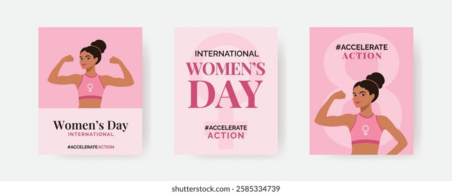 International Women's Day 2025 vertical vector banners #AccelerateAction, featuring raised female hands, the Venus symbol, bold text, and the number eight in pink hues, symbolizing strength and power.