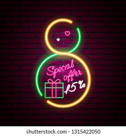 International Women's Day 3D neon sign on dark background. Special offer Banner. Bright signboard, light square banner. Special offer flyer, Sale promotion, ad, poster, flier, blog, marketing.