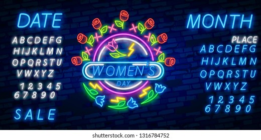 International Women's Day. 3d neon sign. Realistic neon sign. 8 march banner, logo, emblem and label. Bright signboard, light banner. Vector illustration