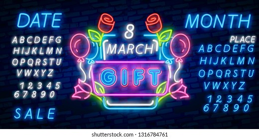 International Women's Day. 3d neon sign. Realistic neon sign. 8 march banner, logo, emblem and label. Bright signboard, light banner. Vector illustration