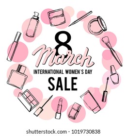 International womens day 8 march SALE. Makeup set. Vector.