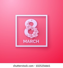 International women's day. 8 of March. Vector holiday poster. Paper cut illustration. Spring decoration. Festive banner with paper flowers. Feminism concept
