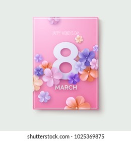 International women's day. 8 of March. Vector holiday poster. Paper cut illustration. Spring decoration. Festive banner with paper flowers. Feminism concept