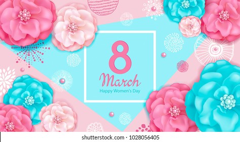 International Womens Day 8 March. Floral spring background with pink and turquoise decorative flowers, abstract elements hand drawn texture. Happy Women's Day. Template for cards, sale announcement